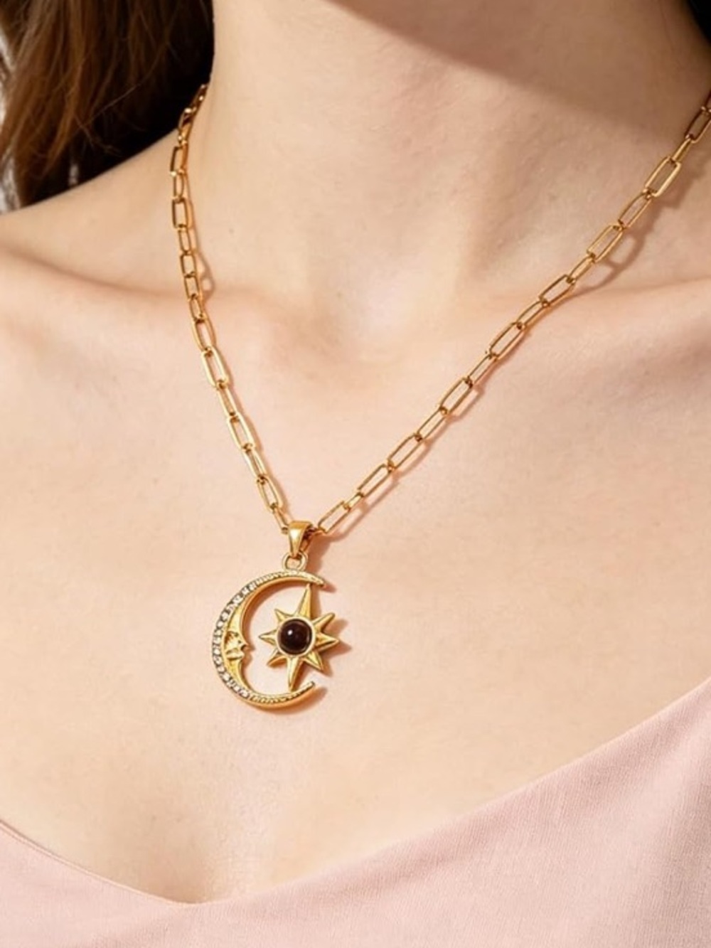 Anthropologie Gold Moon & Sun Pendant Necklace with Black Center - Picture 3 of 5
